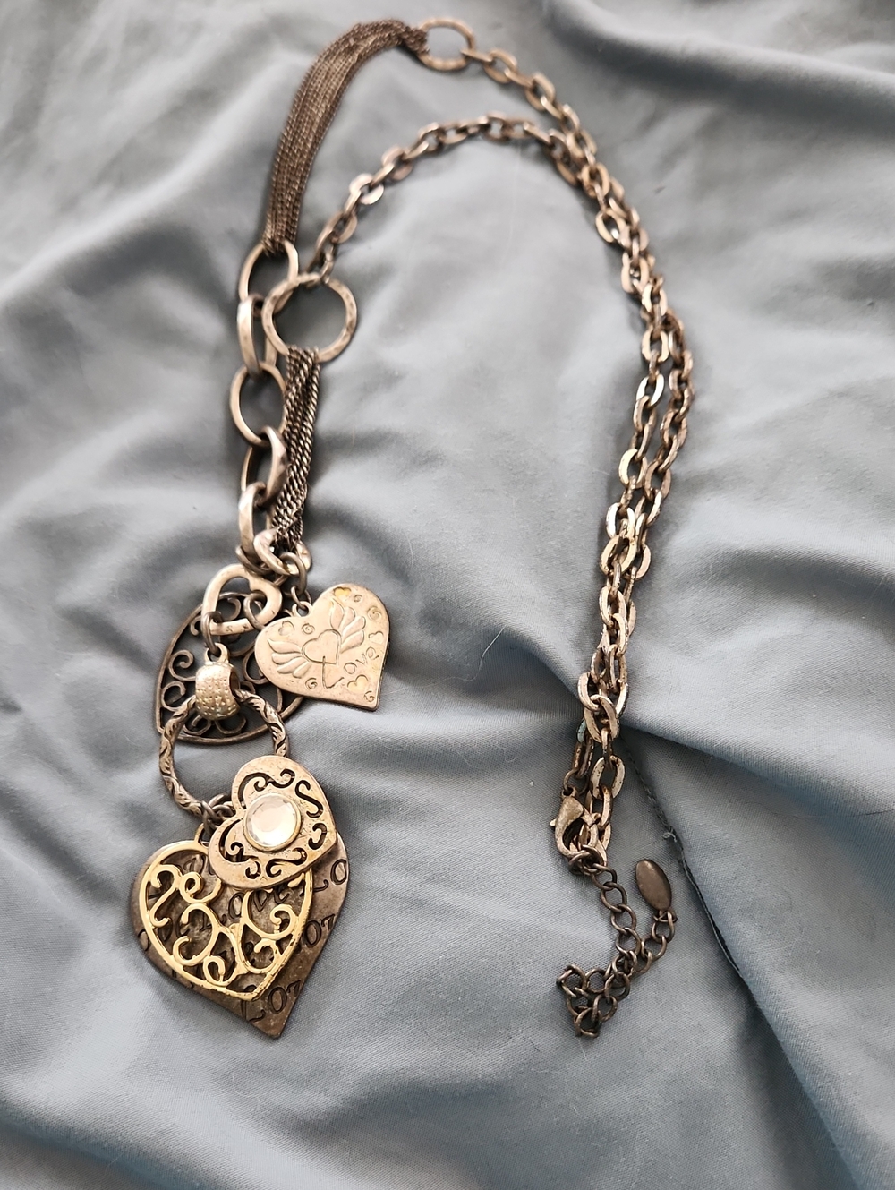 Heart Charm Layered Pendant Necklace - Silver Tone With Mixed Metals